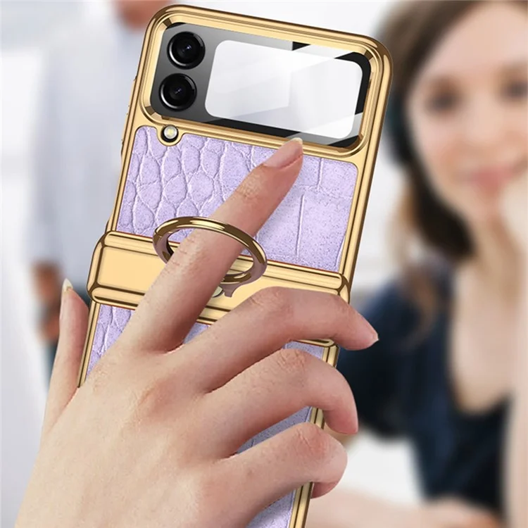 GKK Pour Samsung Galaxy Z Flip4 5G Crocodile Texture PU Leather + PC + Metal Kickstand Electroplate Téléphone Boîte de Téléphone Small Screen Film Magnetic Hinge Cover - Crocodile Rose