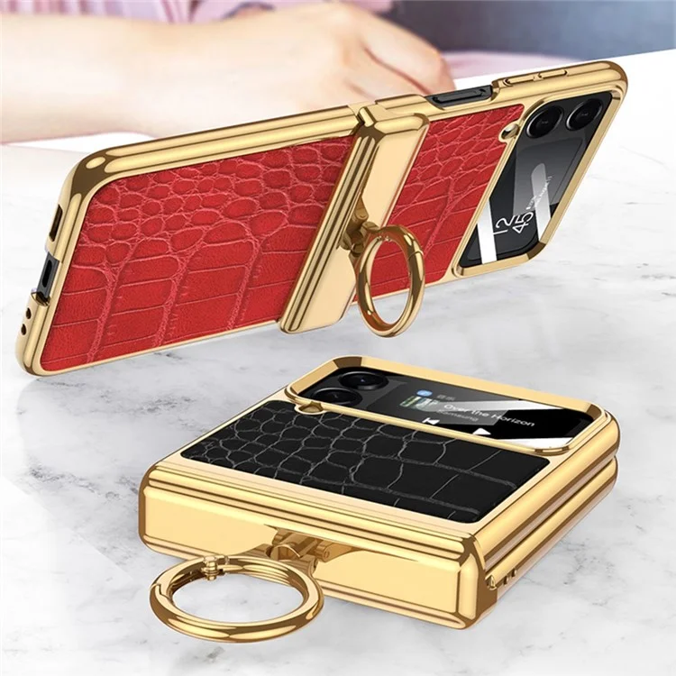 GKK Pour Samsung Galaxy Z Flip4 5G Crocodile Texture PU Leather + PC + Metal Kickstand Electroplate Téléphone Boîte de Téléphone Small Screen Film Magnetic Hinge Cover - Crocodile Rose