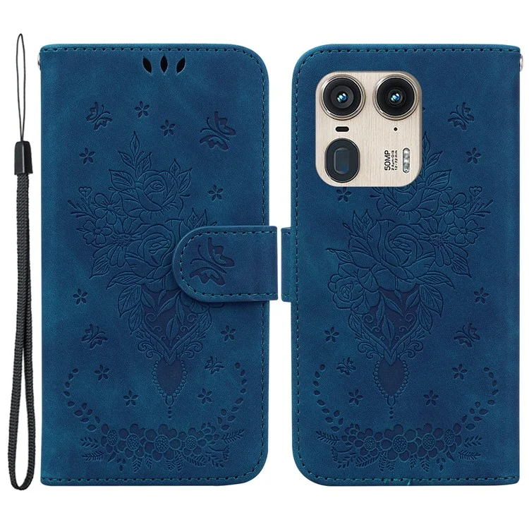 Für Motorola Edge 50 Ultra 5G / Moto X50 Ultra 5G Wallet Case PU Leder Handyhülle Schmetterling Blume Prägung - Blau