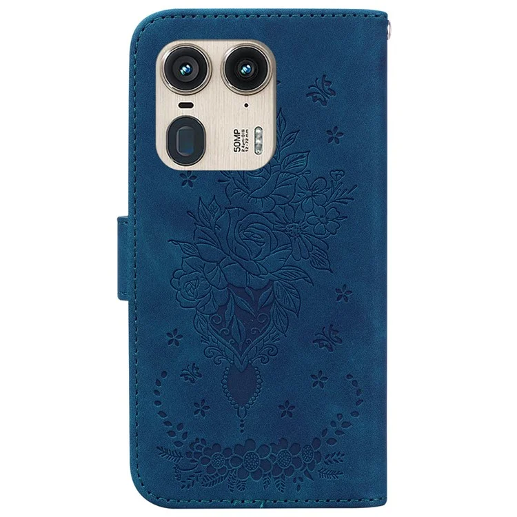 Für Motorola Edge 50 Ultra 5G / Moto X50 Ultra 5G Wallet Case PU Leder Handyhülle Schmetterling Blume Prägung - Blau