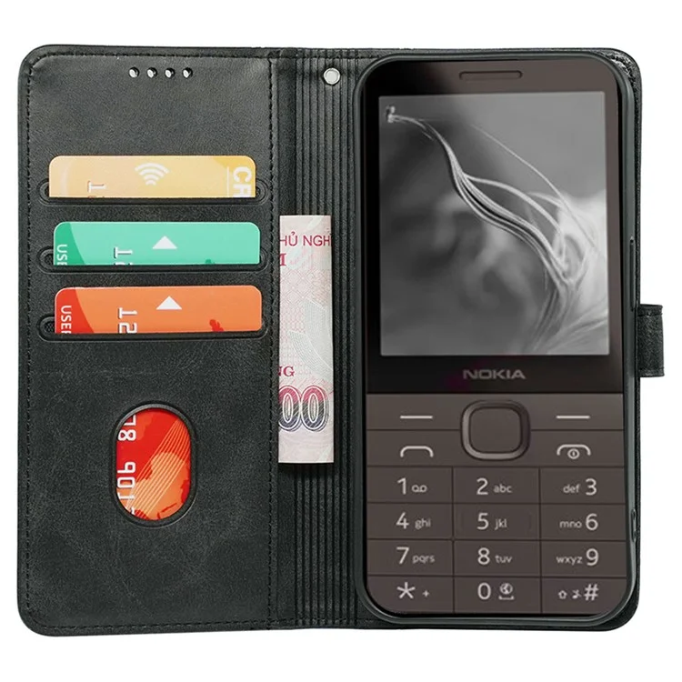 For Nokia 3210 Case PU Leather Phone Cover Card Holder Stand Round Magnetic Clasp - Black