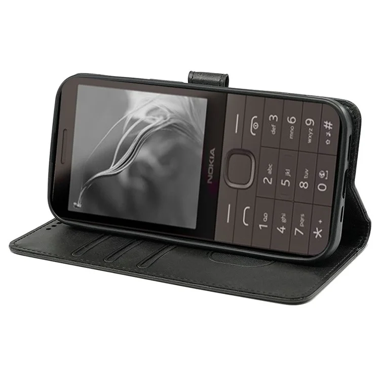 For Nokia 3210 Case PU Leather Phone Cover Card Holder Stand Round Magnetic Clasp - Black
