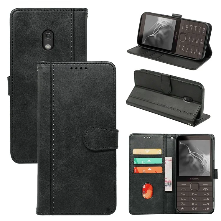 For Nokia 3210 Case PU Leather Phone Cover Card Holder Stand Round Magnetic Clasp - Black