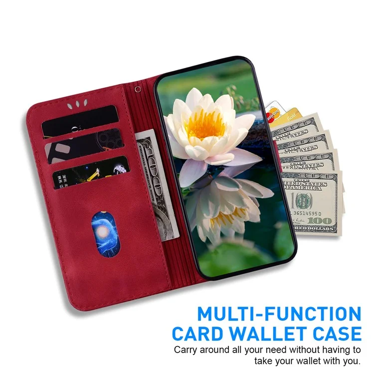 For Xiaomi Redmi 13 5G / 13 4G / Poco M6 4G Phone Case Lotus Imprint Leather Flip Wallet Cover - Red