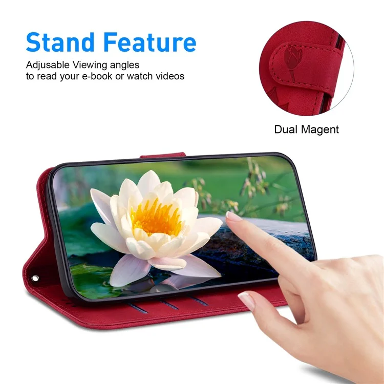 For Xiaomi Redmi 13 5G / 13 4G / Poco M6 4G Phone Case Lotus Imprint Leather Flip Wallet Cover - Red