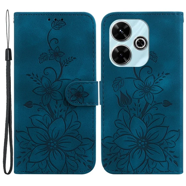 Para Xiaomi Redmi 13 5G / 13 4G / Poco M6 4G Caja de Cuero de PU con Flor de Lirio Antihuellas - Azul Oscuro
