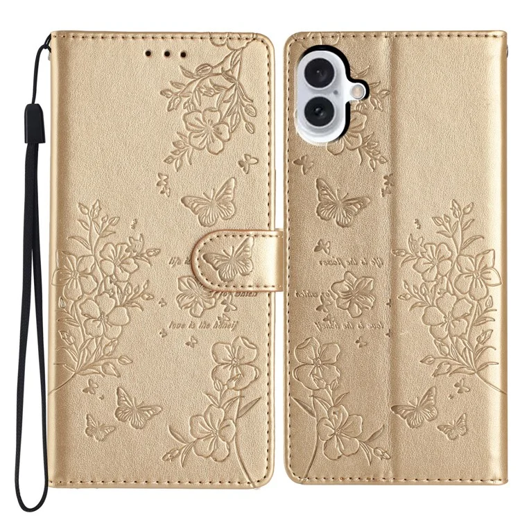 For iPhone 16 Plus Case Butterfly Flower Imprint Wallet Leather Phone Cover with Stand - Gold