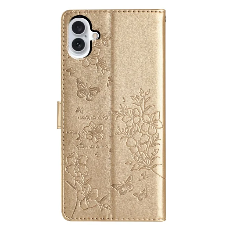 For iPhone 16 Plus Case Butterfly Flower Imprint Wallet Leather Phone Cover with Stand - Gold