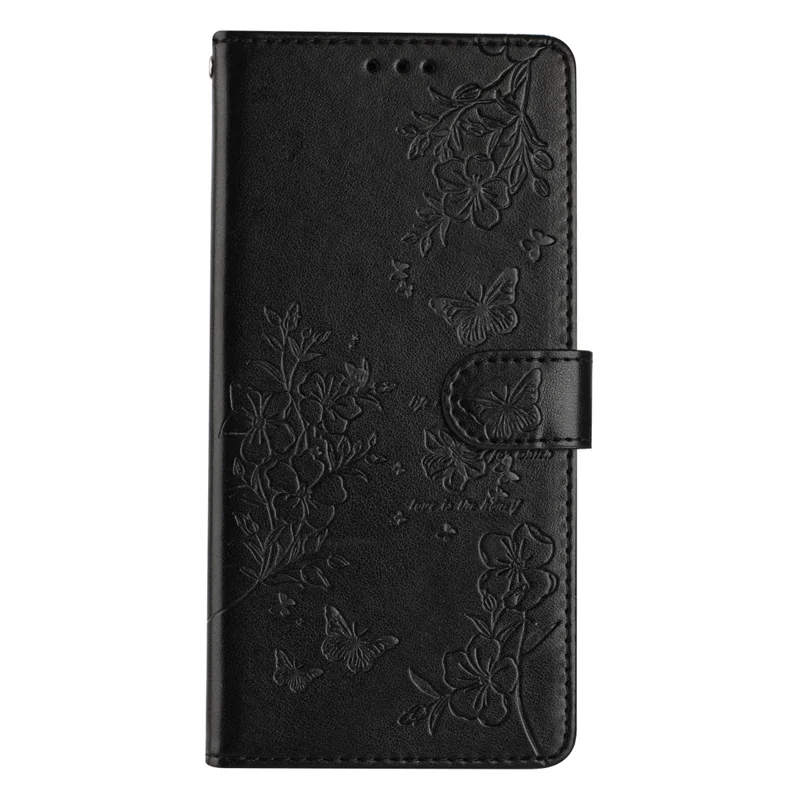 For iPhone 16 Plus Case Butterfly Flower Imprint Wallet Leather Phone Cover with Stand - Black