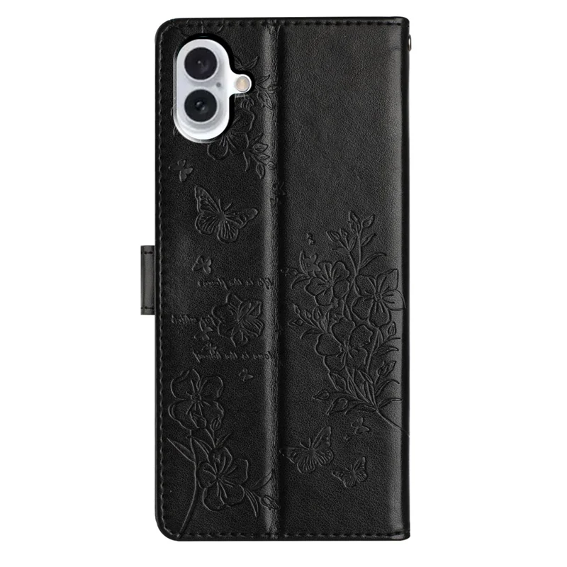 For iPhone 16 Plus Case Butterfly Flower Imprint Wallet Leather Phone Cover with Stand - Black
