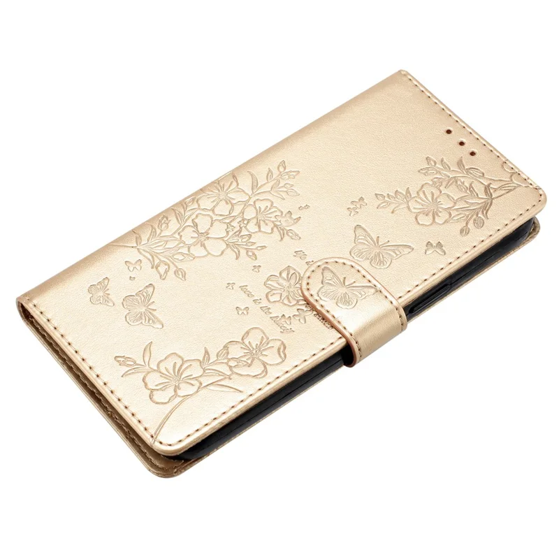 For iPhone 16 Pro Stand Case Butterfly Floral Imprint Leather Wallet Phone Cover - Gold
