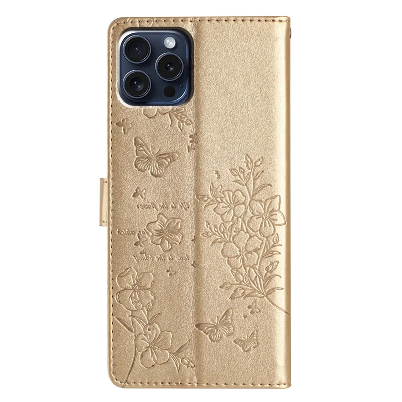 For iPhone 16 Pro Stand Case Butterfly Floral Imprint Leather Wallet Phone Cover - Gold
