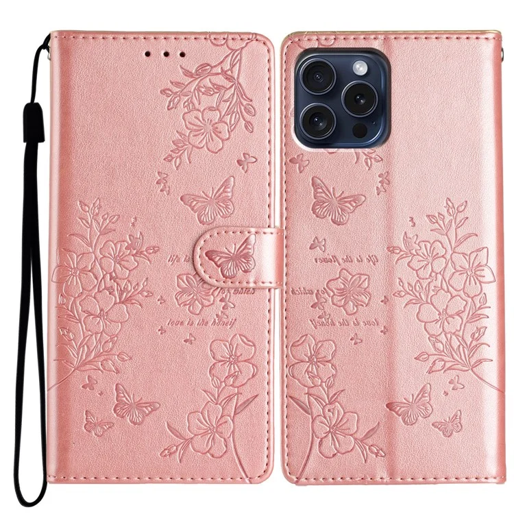 Für iPhone 15 Pro Max Stand Case Butterfly Floral Imprint Leder Handyhülle mit Geldbörse - Roségold