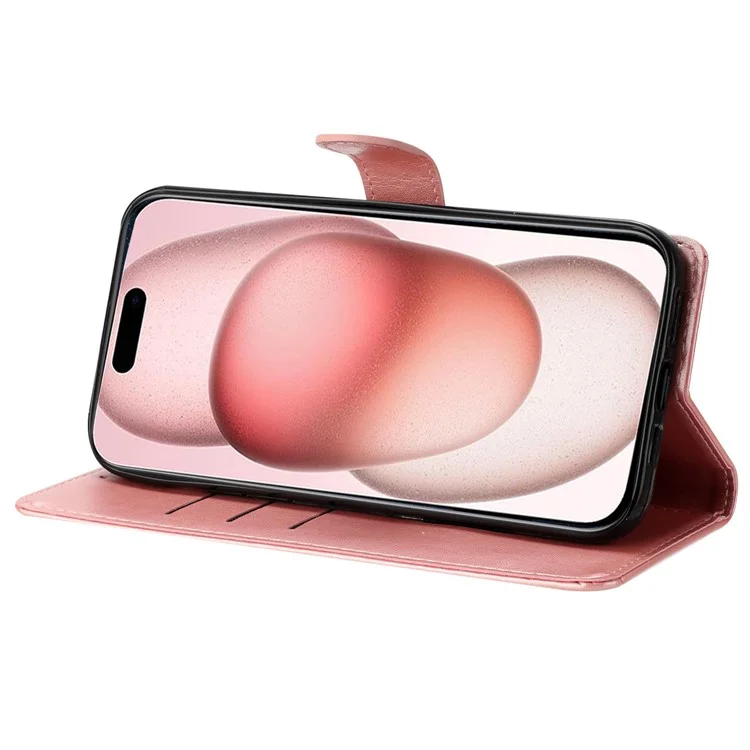 Für iPhone 15 Pro Max Stand Case Butterfly Floral Imprint Leder Handyhülle mit Geldbörse - Roségold