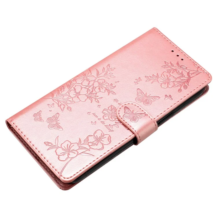 Für iPhone 15 Pro Max Stand Case Butterfly Floral Imprint Leder Handyhülle mit Geldbörse - Roségold