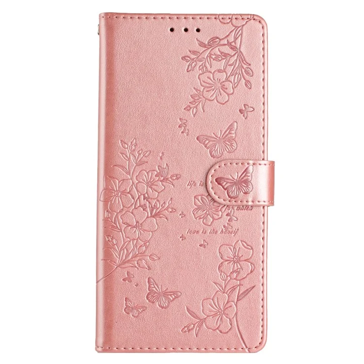 Für iPhone 15 Pro Max Stand Case Butterfly Floral Imprint Leder Handyhülle mit Geldbörse - Roségold