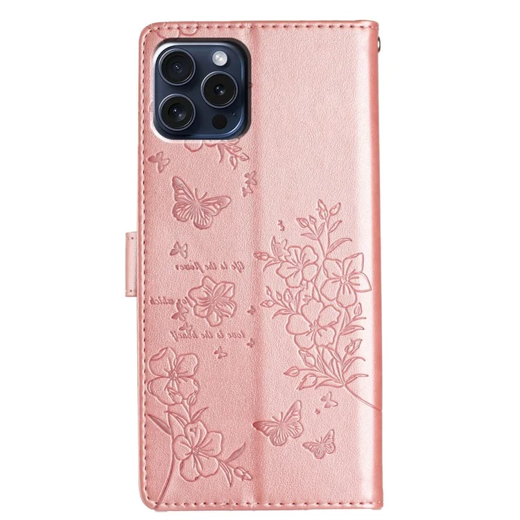 Für iPhone 15 Pro Max Stand Case Butterfly Floral Imprint Leder Handyhülle mit Geldbörse - Roségold