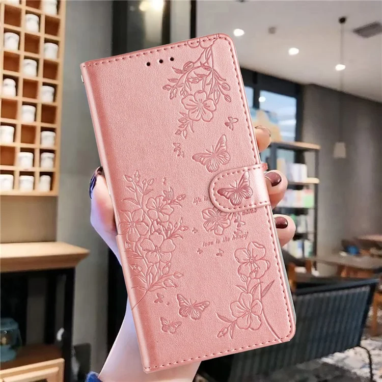Für iPhone 15 Pro Max Stand Case Butterfly Floral Imprint Leder Handyhülle mit Geldbörse - Roségold