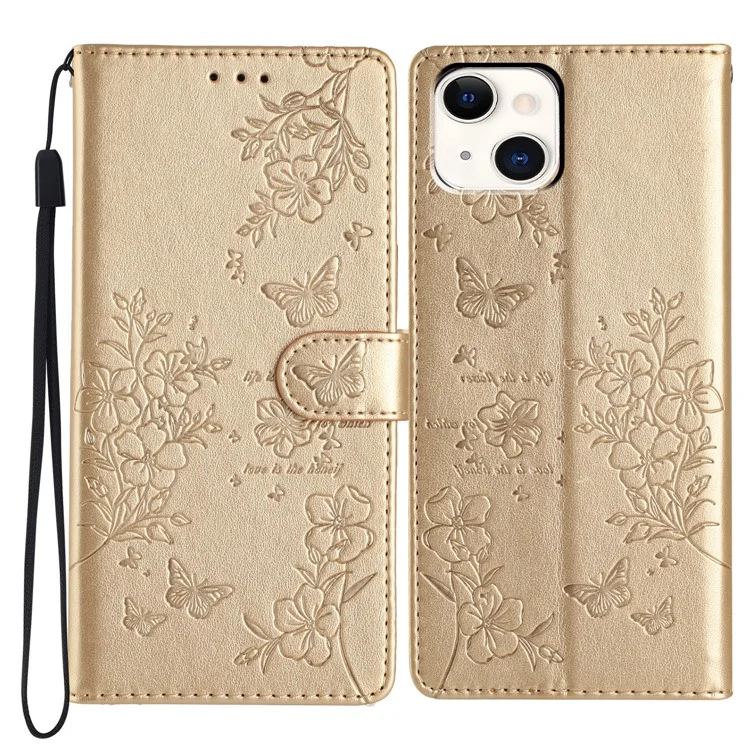 Coque portefeuille pour iPhone 15 avec motif papillon et floral en cuir synthétique avec sangle - Or