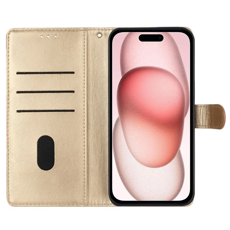 Coque portefeuille pour iPhone 15 avec motif papillon et floral en cuir synthétique avec sangle - Or