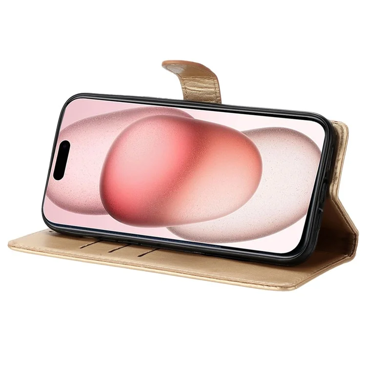 Coque portefeuille pour iPhone 15 avec motif papillon et floral en cuir synthétique avec sangle - Or