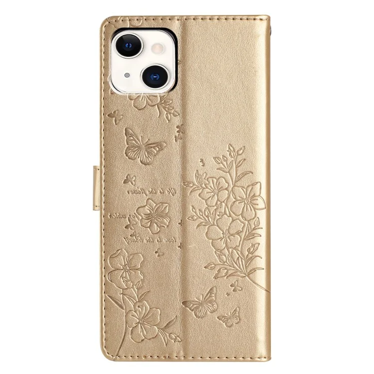 Coque portefeuille pour iPhone 15 avec motif papillon et floral en cuir synthétique avec sangle - Or