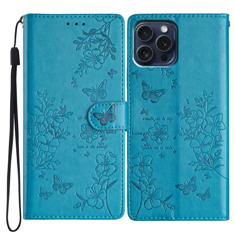 For iPhone 14 Pro Max Case Butterfly Floral Imprint Anti-Drop Leather Wallet Phone Cover - Blue