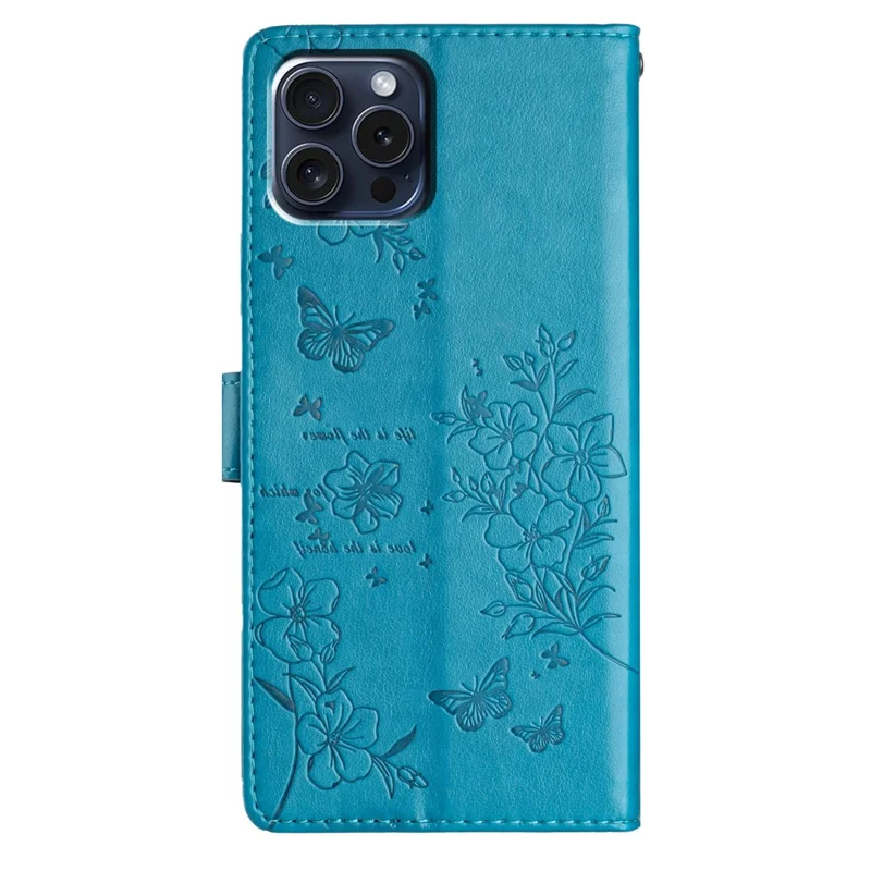 For iPhone 14 Pro Max Case Butterfly Floral Imprint Anti-Drop Leather Wallet Phone Cover - Blue