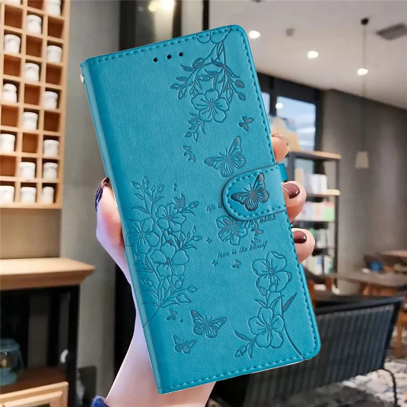 For iPhone 14 Pro Max Case Butterfly Floral Imprint Anti-Drop Leather Wallet Phone Cover - Blue