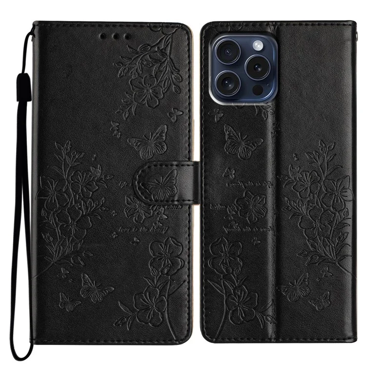 Para iPhone 14 Pro Case Butterfly Floral Imprint Leather Wallet Phone Cover com Suporte - Preto