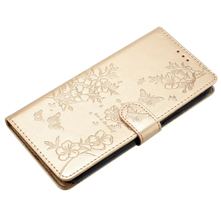 Para iPhone 13 Pro Max Case Borboleta Floral Imprimir Capa de Telefone de Couro com Carteira - Dourado