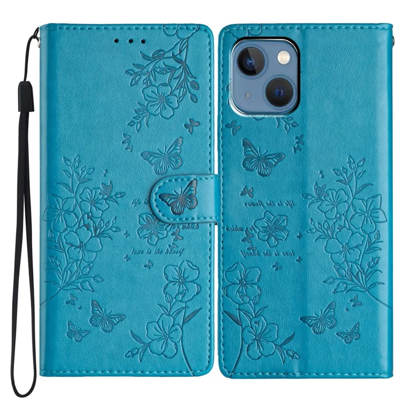 For iPhone 14 Shockproof Case Butterfly Floral Imprint Leather Wallet Phone Cover - Blue