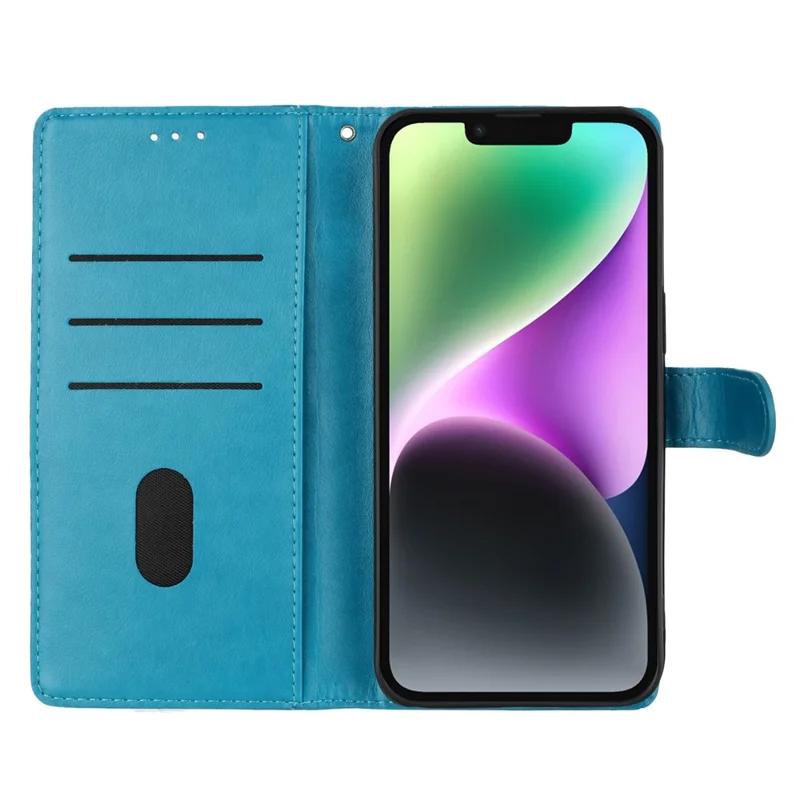 For iPhone 14 Shockproof Case Butterfly Floral Imprint Leather Wallet Phone Cover - Blue