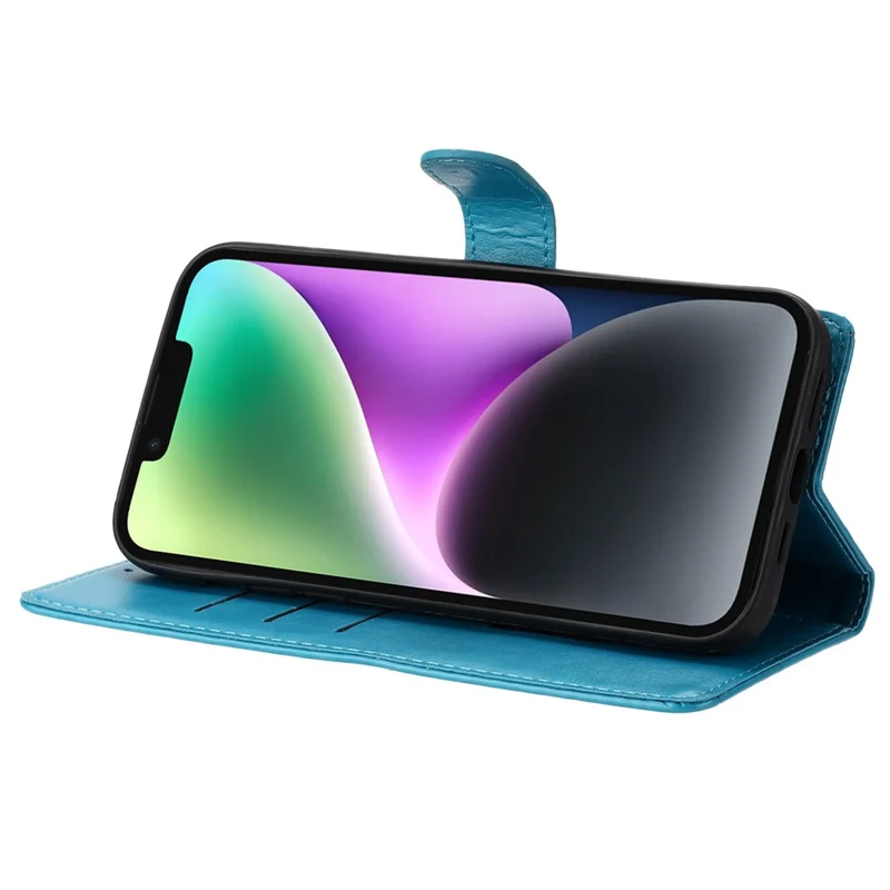 For iPhone 14 Shockproof Case Butterfly Floral Imprint Leather Wallet Phone Cover - Blue