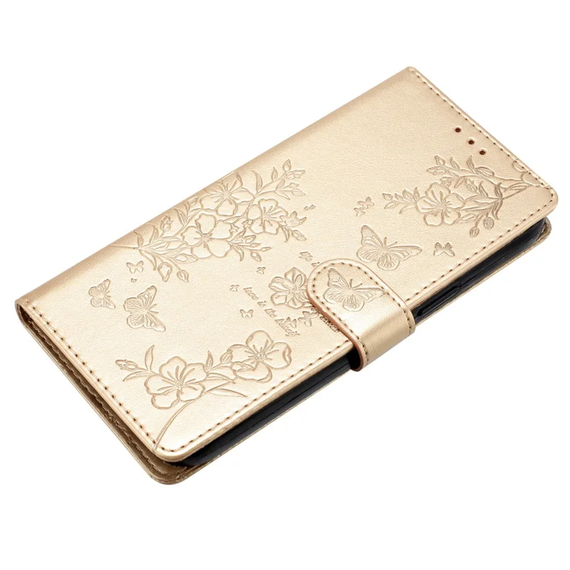 For iPhone 14 Shockproof Case Butterfly Floral Imprint Leather Wallet Phone Cover - Gold