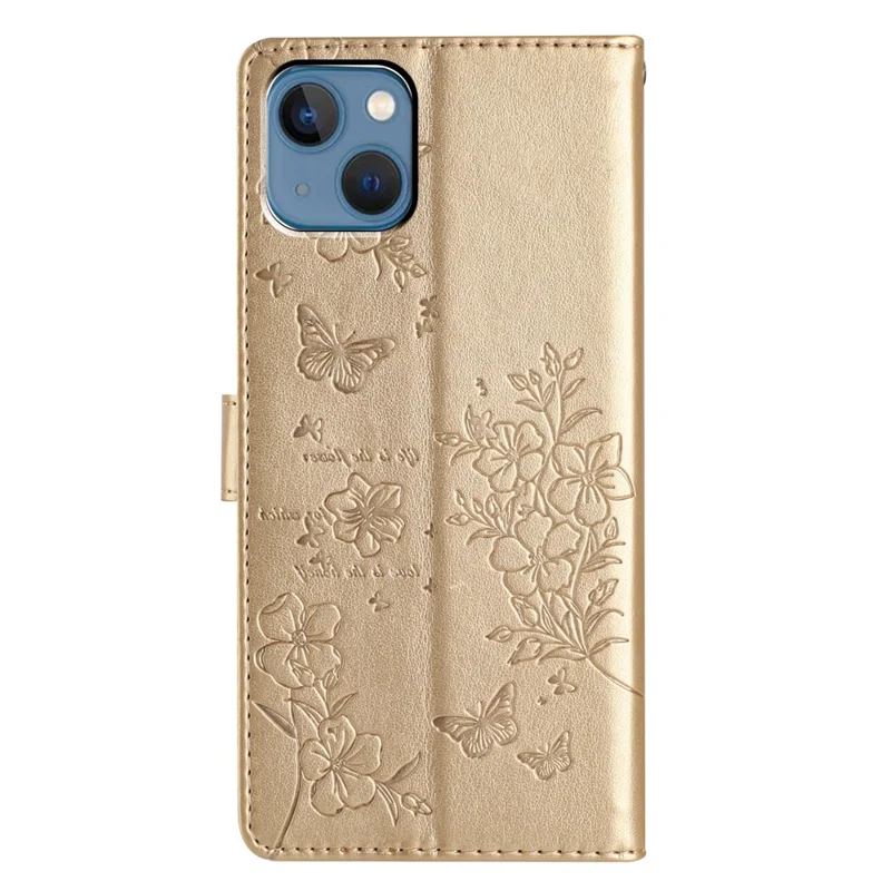 For iPhone 14 Shockproof Case Butterfly Floral Imprint Leather Wallet Phone Cover - Gold