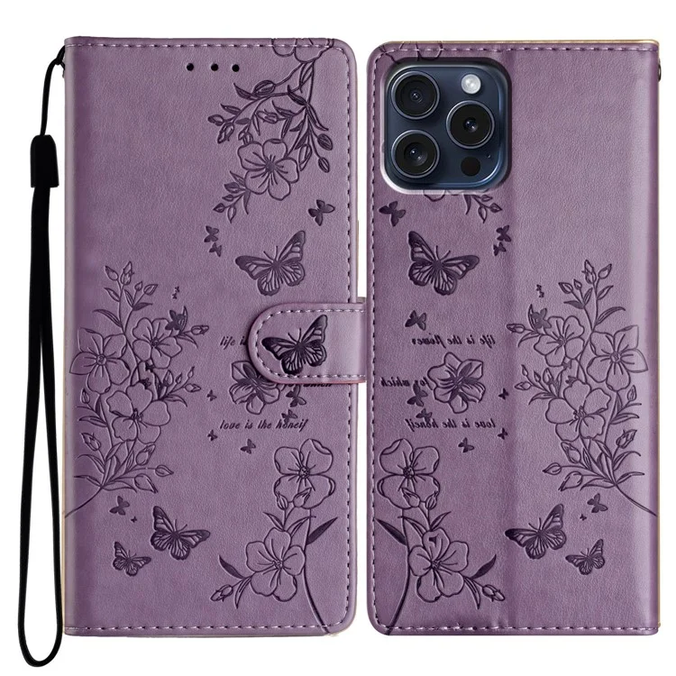 Für iPhone 13 Pro Wallet Case Butterfly Floral Imprint Leather Phone Cover mit Ständer - Lila