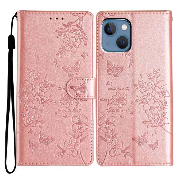 Funda para iPhone 13 Mariposa Floral Impresión Cuero Cartera Funda de Teléfono con Correa - Oro Rosa
