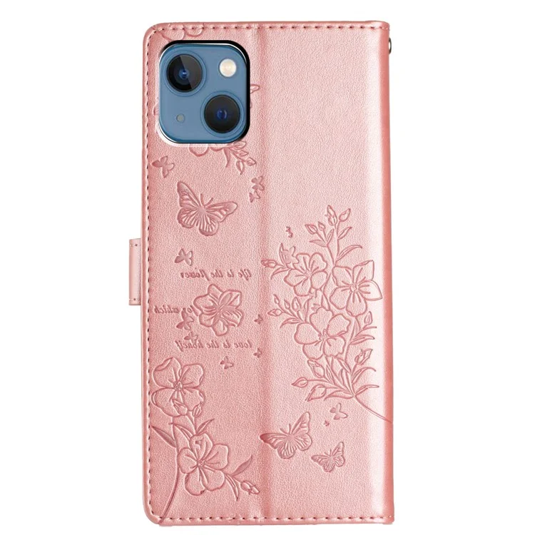 Funda para iPhone 13 Mariposa Floral Impresión Cuero Cartera Funda de Teléfono con Correa - Oro Rosa
