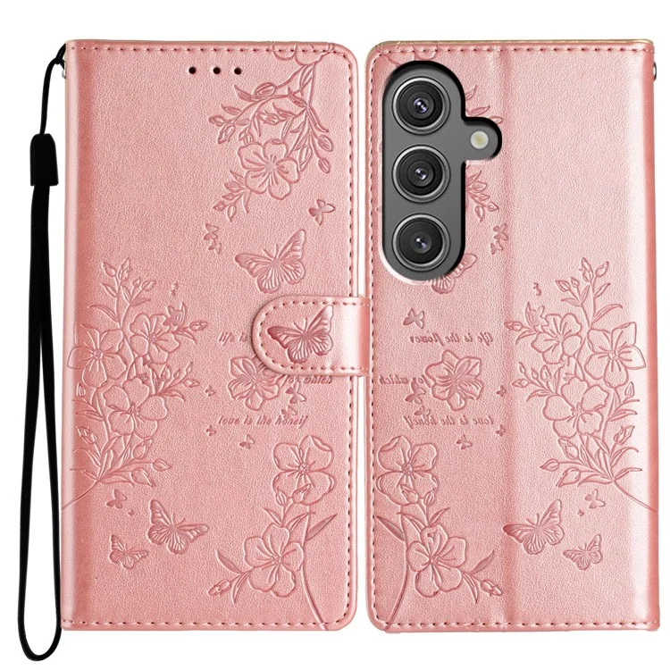 Per Samsung Galaxy A34 5G Stand Case Butterfly Floral Imprint Leather Wallet Phone Cover - Rose Gold