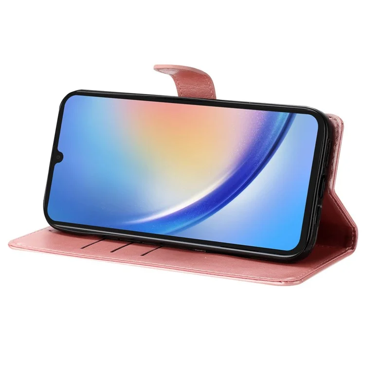 Per Samsung Galaxy A34 5G Stand Case Butterfly Floral Imprint Leather Wallet Phone Cover - Rose Gold