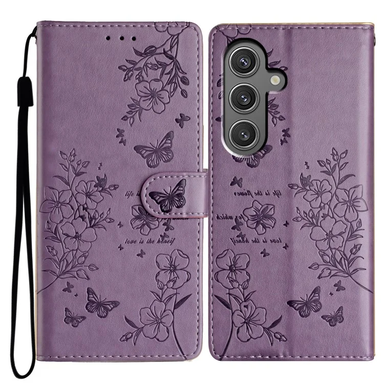 For Samsung Galaxy A15 5G Wallet Phone Case Butterfly Floral Imprint Leather Cover - Purple
