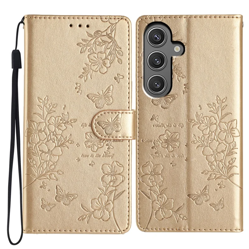 For Samsung Galaxy S24 Leather Case Butterfly Floral Imprinted Wallet Phone Cover - Gold