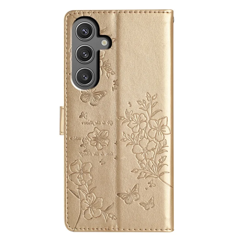 For Samsung Galaxy S24 Leather Case Butterfly Floral Imprinted Wallet Phone Cover - Gold