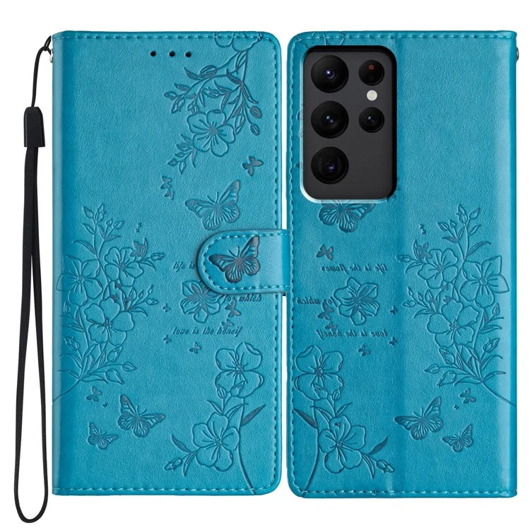 Para Samsung Galaxy S23 Ultra Wallet Phone Case Butterfly Floral Imprint Leather Cover - Blue