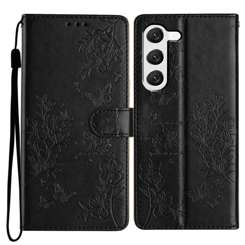 Für Samsung Galaxy S23 Hülle Butterfly Floral Prägung Lederhandyhülle mit Geldbörse - Schwarz