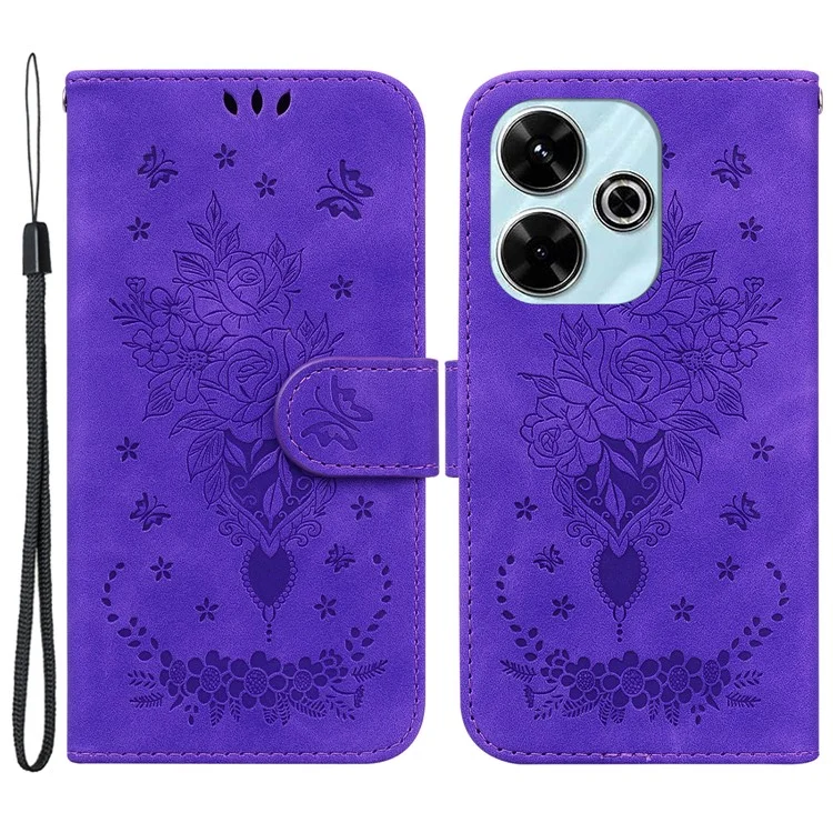 Para Xiaomi Redmi 13 5G / 13 4G / Poco M6 4G Capa Borboleta Rosa Flor Couro+TPU Capa de Telefone Protetora - Roxo