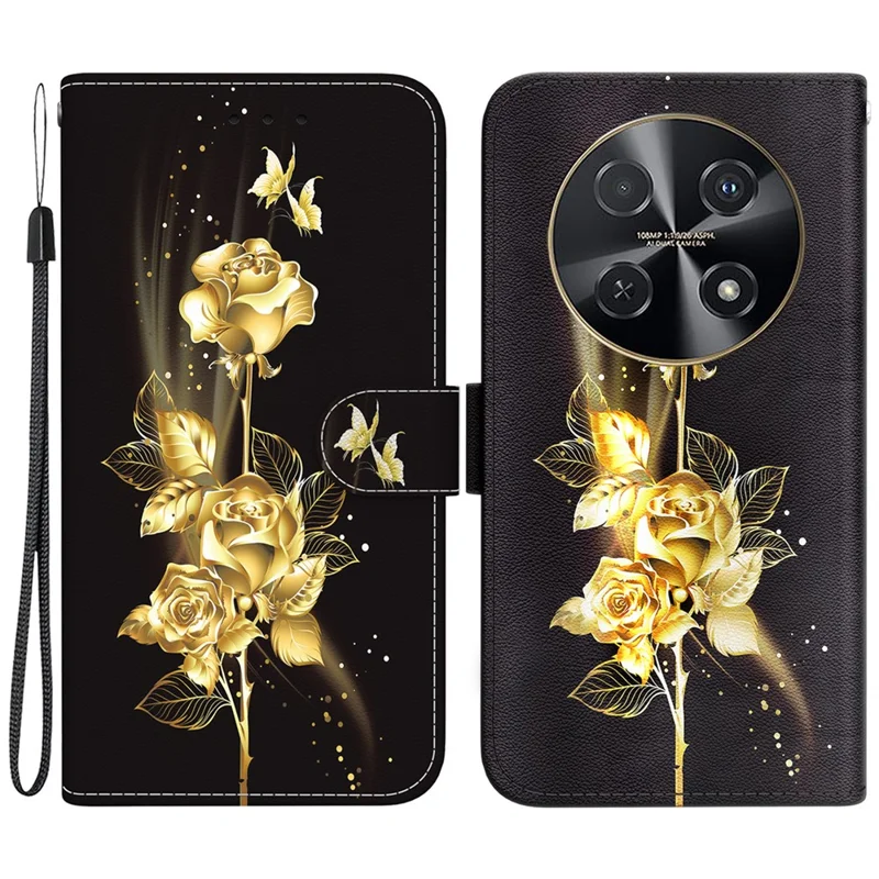 For Huawei nova 12i 4G Wallet Case Pattern Print PU Leather Phone Cover - Gold Butterfly Rose