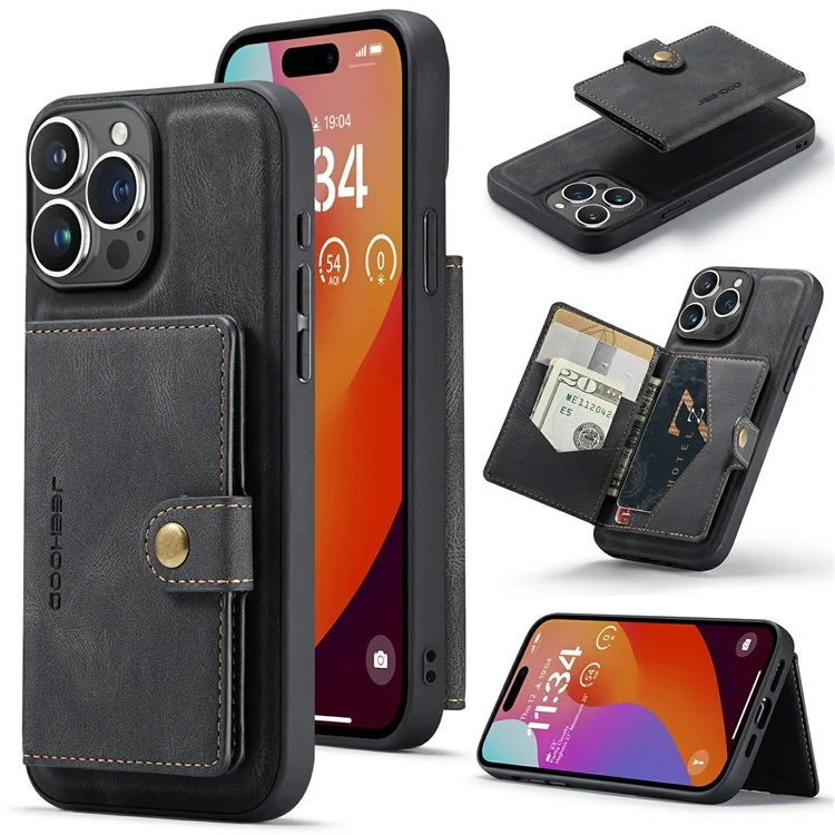 JEEHOOD J01 Funda para iPhone 15 Pro Max Cuero+TPU Funda Teléfono Bolsa de Tarjeta Desmontable - Negro