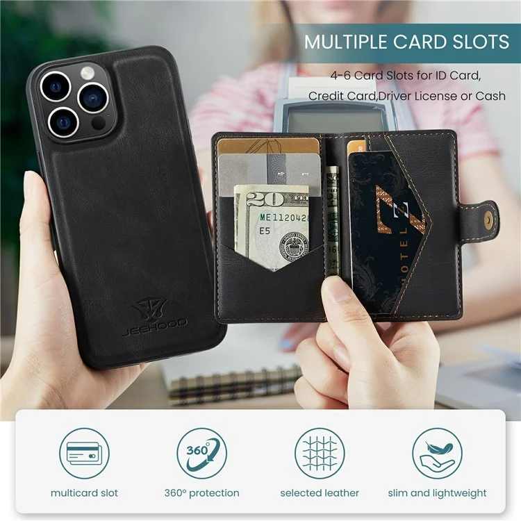 JEEHOOD J01 Funda para iPhone 15 Pro Max Cuero+TPU Funda Teléfono Bolsa de Tarjeta Desmontable - Negro
